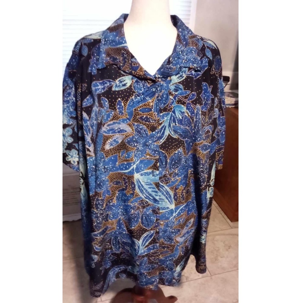 A Personal Touch‎ 4X Blue Floral Batik Print Short Sleeve Shirt Made USA